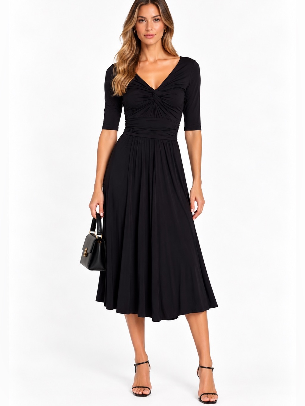Tara Jarmon Black Ruched Twist Front Midi Dress Size 36 Small